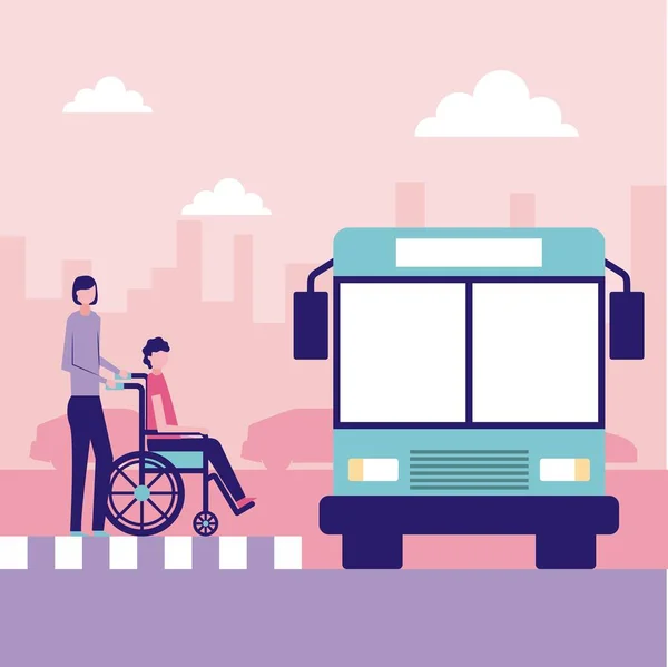 Voluntários Ajudar Mulher Cidade Transportar Cadeira Rodas Caminhão Rua Vetor — Vetor de Stock