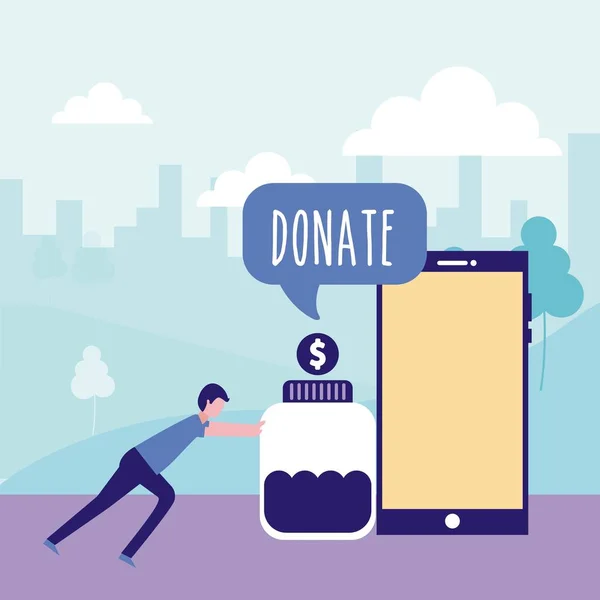 志愿者帮助城市智能手机瓶钱捐赠向量插图 — 图库矢量图片