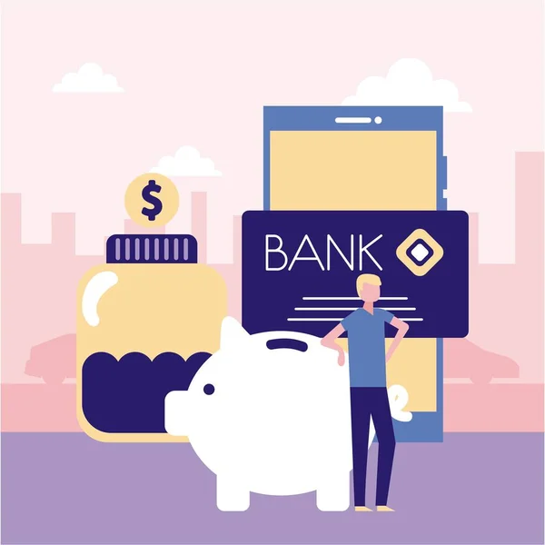 Hilfe Smartphone Bank Kreditkarte Spende Mann Vektor Illustration — Stockvektor