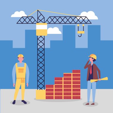 İşçi Bayramı inşaatçılar inşaat duvar şehir vektör çizim