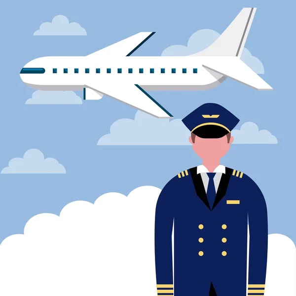 Professional Work Captain Airport Airplane Clouds Vector Illustration — Stock Vector