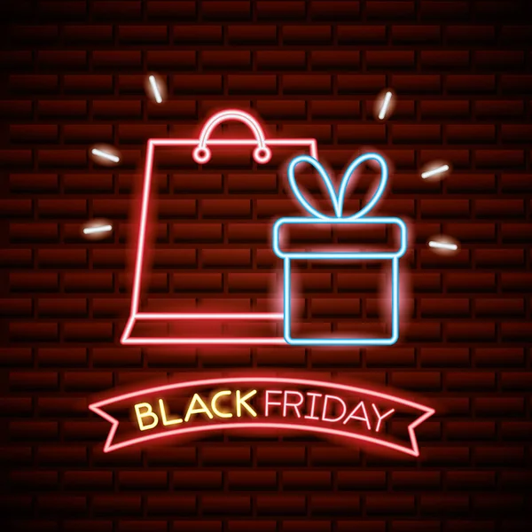 Black Friday Shopping Sales Neon Gift Box Bag Vector Illustration — Stock Vector