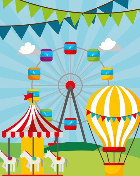Carousel Ferris Whell Air Balloon Park Carnival Fun Fair Vector — Stock Vector
