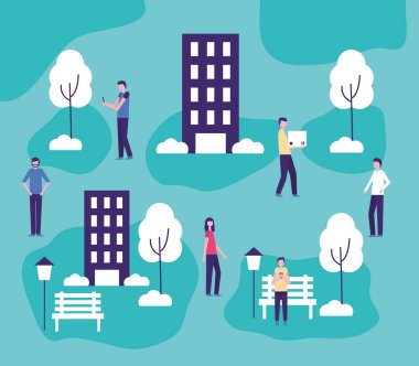 topluluk etkinlik binalar Parklar yürüyen vektör çizim insanlar