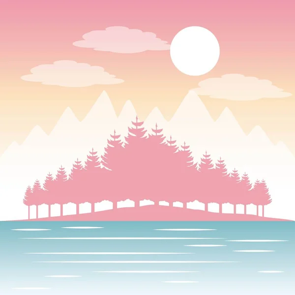 Wanderlust Voyage Paysages Lac Montagnes Lune Nuages Vectoriel Illustration — Image vectorielle