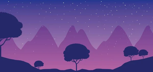 Wanderlust Ταξίδια Τοπία Νύχτα Αστέρια Δέντρα Διανυσματικά Εικονογράφηση — Διανυσματικό Αρχείο