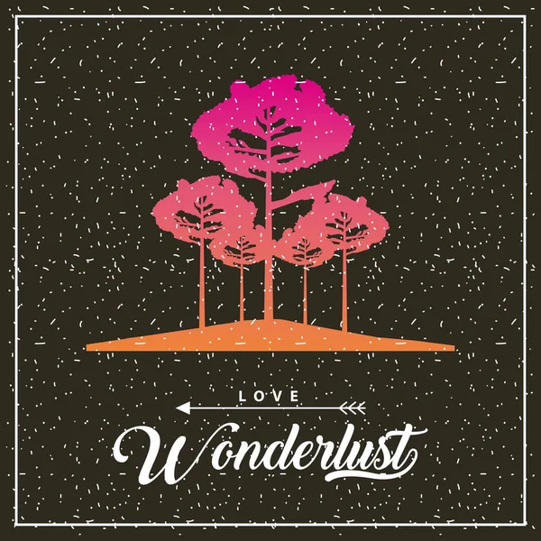 Wanderlust Reizen Frame Hoge Bomen Liefde Vectorillustratie — Stockvector