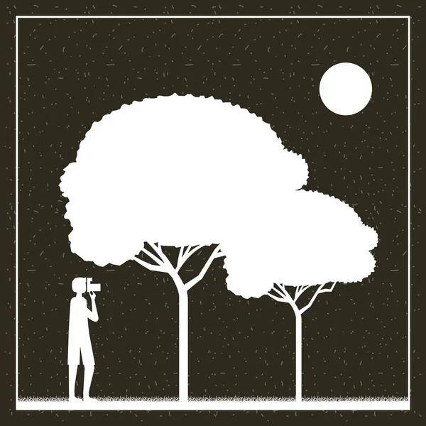 流浪欲望旅行男孩拍照树矢量插图 — 图库矢量图片