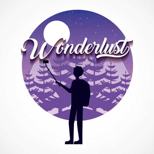 Wanderlust Reizen Moon Alpen Berg Jongen Nemen Selfie Vectorillustratie — Stockvector