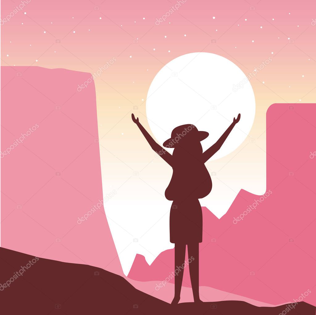 wanderlust travel woman hands up sunset mountain cliffs vector illustration