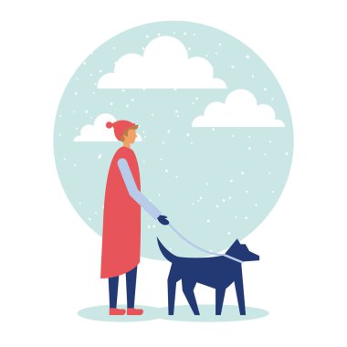 mutlu kış tatil çocuk köpek kar bulutlar ile vektör çizim