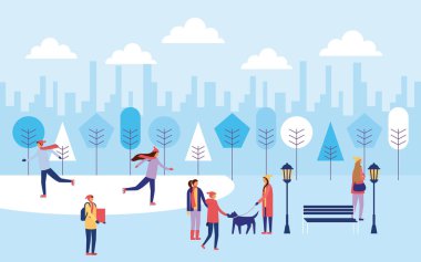 mutlu kış insanların tatil keyfini açık buz yürüyüş köpekler vektör çizim üzerinde paten