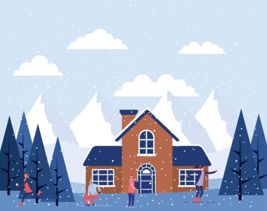 kış tatil soğuk gün alps vektör çizim yürüyüş insanların ev