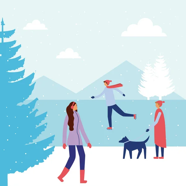 幸せな冬の休暇少年のベクトル図を歩く氷散歩犬女の子スケート — ストックベクタ