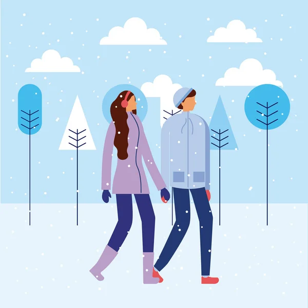 幸せな冬の休暇カップル歩いて繋いでベクトル イラスト — ストックベクタ