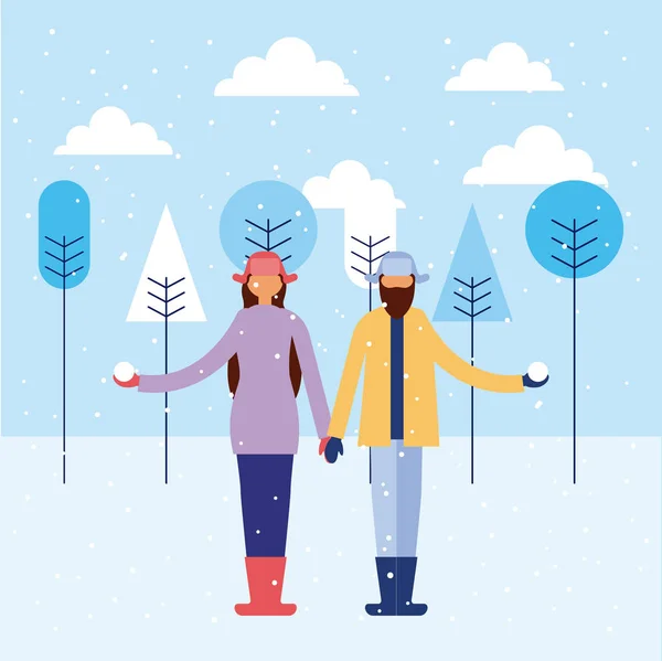幸せな冬の休暇の公園カップル雪ベクトル図を保持しています — ストックベクタ