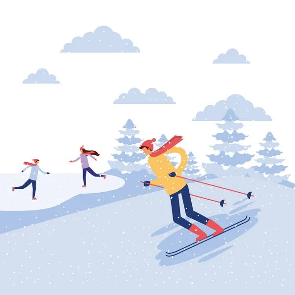 Καλό Χειμώνα Κορίτσια Διακοπές Άλματα Σκι Wman Διανυσματικά Εικονογράφηση — Διανυσματικό Αρχείο