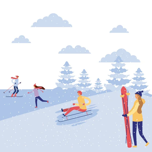 Happy Winter Vakantie Mensen Doen Activiteiten Ski Vectorillustratie — Stockvector