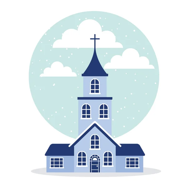 Kış Tatil Etiket Kar Kilise Vektör Çizim — Stok Vektör