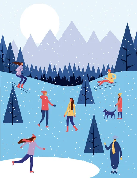 Χειμερινές Διακοπές Άνθρωποι Σκι Άλπεις Πατινάζ Στον Πάγο Εικονογράφηση Διάνυσμα — Διανυσματικό Αρχείο