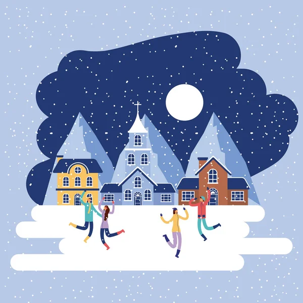 Χειμερινές Διακοπές Άνθρωποι Εκκλησία Στεγάζει Χιόνι Φεγγάρι Διανυσματικά Εικονογράφηση — Διανυσματικό Αρχείο