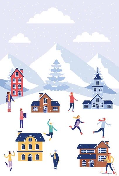Χειμερινές Διακοπές Σπίτια Βουνά Άτομα Jumping Πατινάζ Στον Πάγο Εικονογράφηση — Διανυσματικό Αρχείο