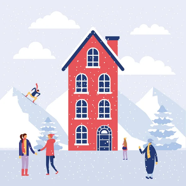 Vacaciones Invierno Niño Esquí Montañas Casa Gente Caminando Vector Ilustración — Archivo Imágenes Vectoriales