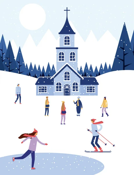 Χειμερινές Διακοπές Εκκλησιών Άλπεις Χιόνι Άνθρωποι Παίζουν Εικονογράφηση Διάνυσμα — Διανυσματικό Αρχείο