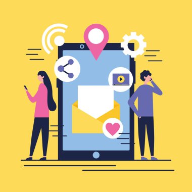 Sosyal medya dijital smartphone haber vektör çizim söz tekerlekler kız çocuk gibi açık