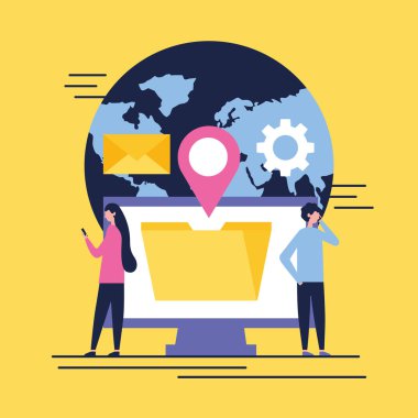 Sosyal medya dijital dünya bilgisayar klasör konumu tekerlek erkek ve kadın telefon illüstrasyon vektör