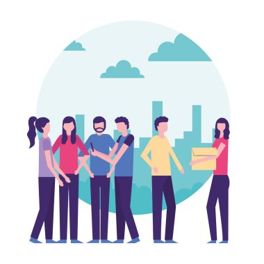 topluluk etkinlik etiket şehir çocuklar kız vektör çizim etkileşim