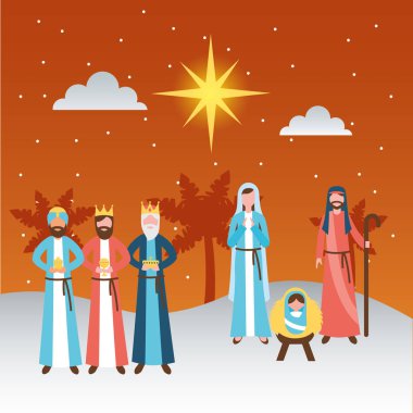 Yemlik Epifani bebek Kutsal Aile bilge adamlar vektör çizim tarihi.