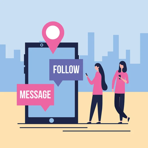 Social Media Digital Smartphone Seguir Mensaje Ubicación Ciudad Niñas Caminando — Vector de stock