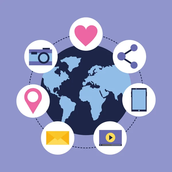 Social Media Digital Global Stickers Connection Vector Illustration — Stock Vector