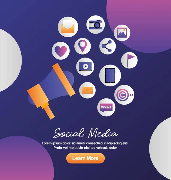 Redes Sociales Megáfono Digital Pegatinas Vector Ilustración — Vector de stock