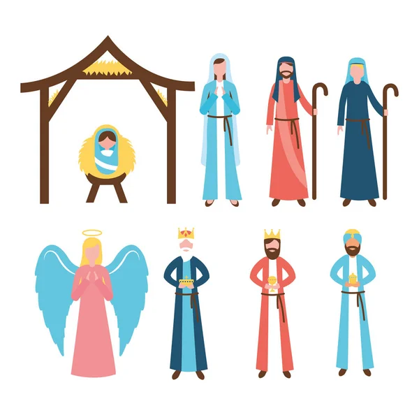 Pesebre Epifanía Sabios Hombres Ángel Pastor Sagrada Familia Vector Ilustración — Vector de stock