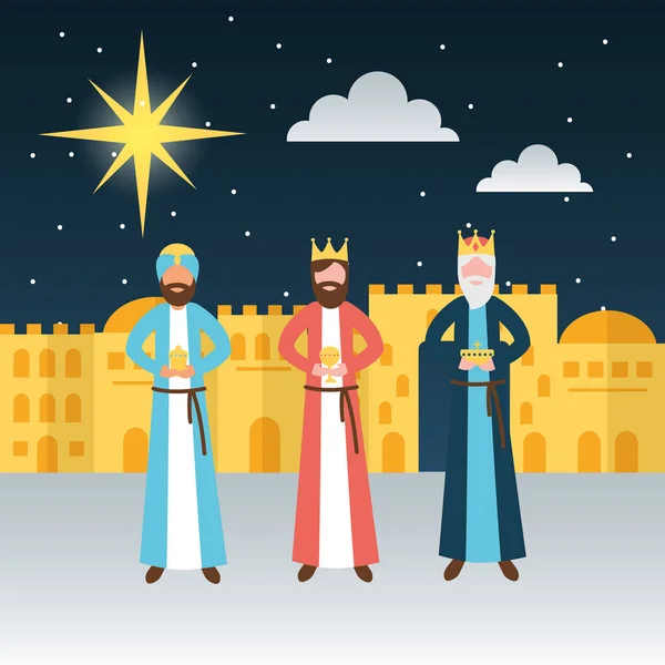 Manger Epiphany Castillo Hombres Sabios Regalos Estrella Fugaz Vector Ilustración — Vector de stock