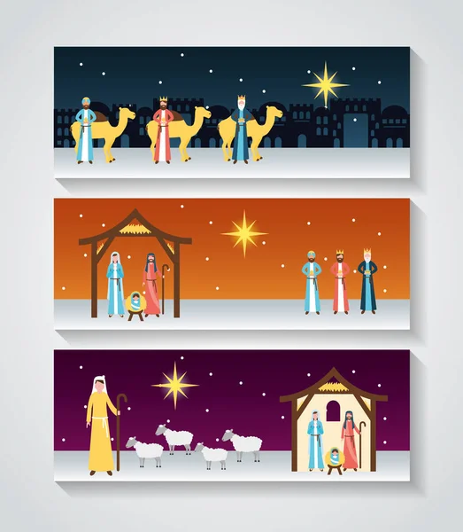 Manger Epiphany Banners Wise Men Camels Shepherd Sheeps Sacred Family — Stock Vector