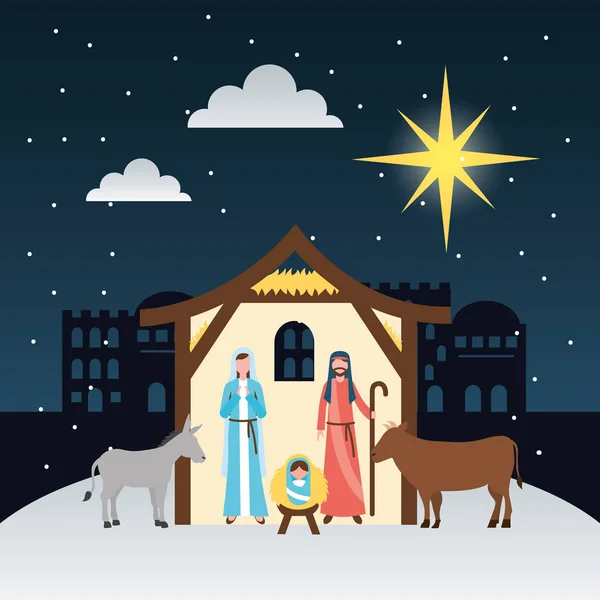 Manger Epiphany Castillo Buey Burro Sagrada Familia Vector Ilustración — Vector de stock