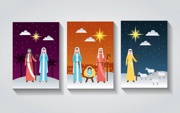 Manger Epiphany Banners Maria Joseph Shepherd Sacred Family Vector Illustration — Stock Vector