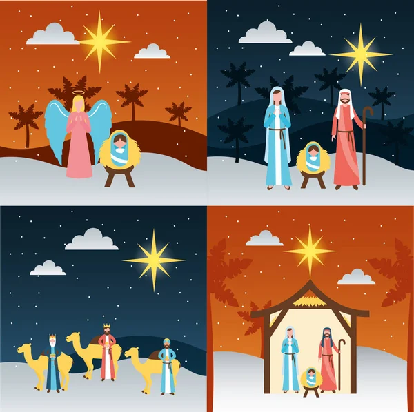 Manger Epiphany Banners Heilige Familie Wijzen Angel Baby Vectorillustratie — Stockvector