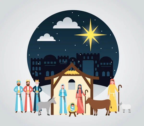 Manger Epiphany Wise Men Camels Shepherd Dokey Sacred Family Vector — Stock Vector