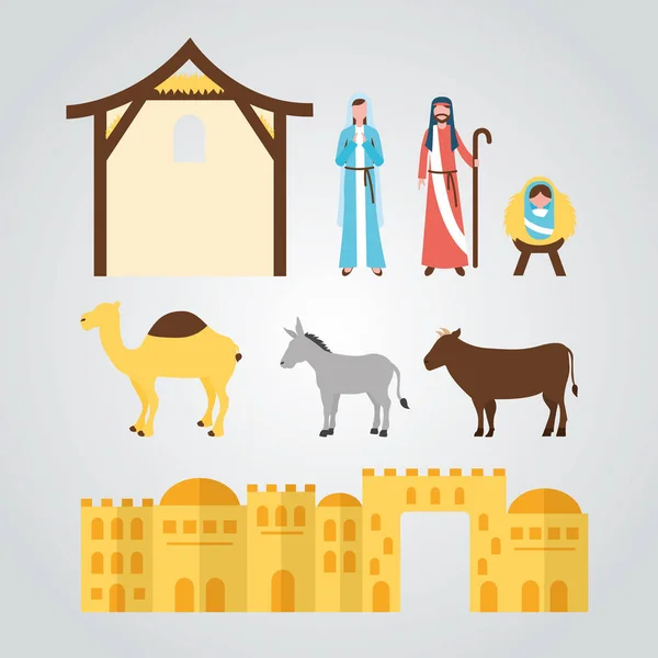 马槽顿悟咒城堡骆驼牛驴和神圣的家庭向量例证 — 图库矢量图片
