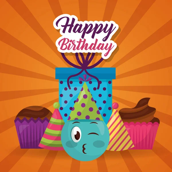 Feliz Aniversário Emoji Cara Presente Festa Chapéus Cupcake —  Vetores de Stock