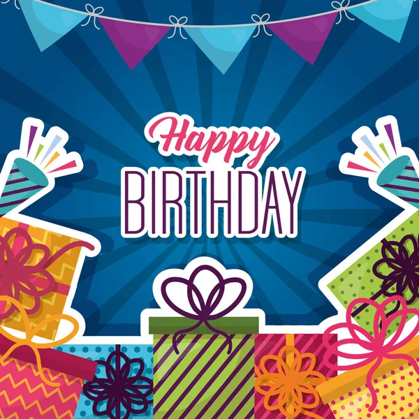 Happy Birthday Gift Boxes Surprise Garland Celebration — стоковый вектор
