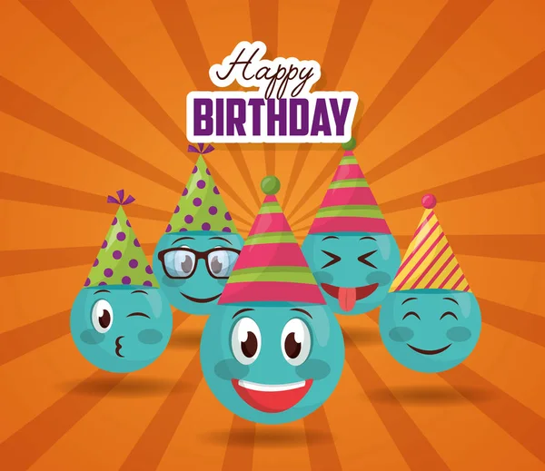 Feliz Aniversário Emoji Rostos Sorriso Festa Chapéu —  Vetores de Stock