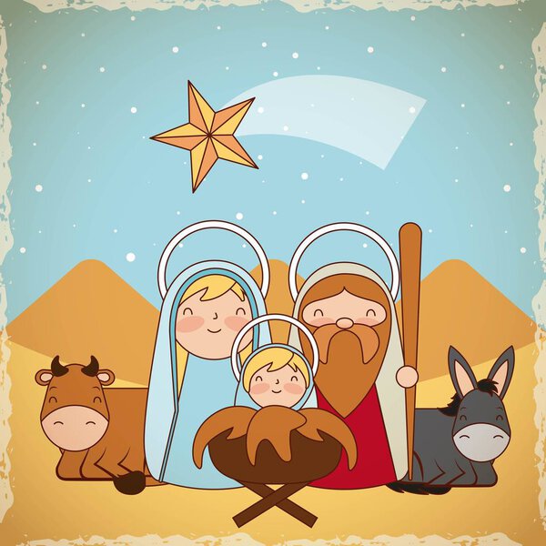 manger epiphany dessert shooting star cute sacred family donkey and ox vector illustration