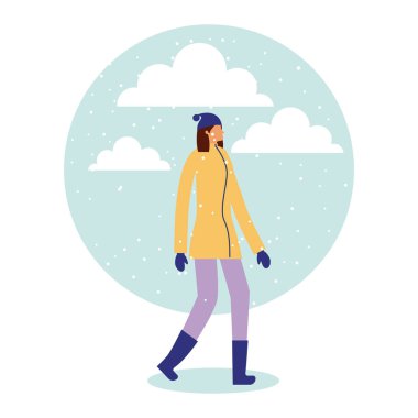 mutlu kış tatil kadın listne müzik kar vektör çizim yürüyüş