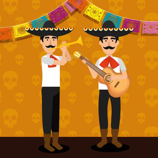 Mariachi hombres con guitarra y banner de fiesta — Vector de stock