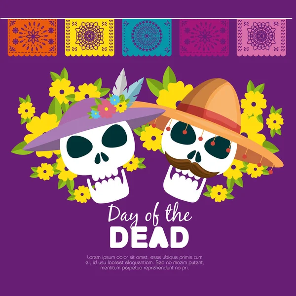 帽子と死者の日に花とスカル — ストックベクタ